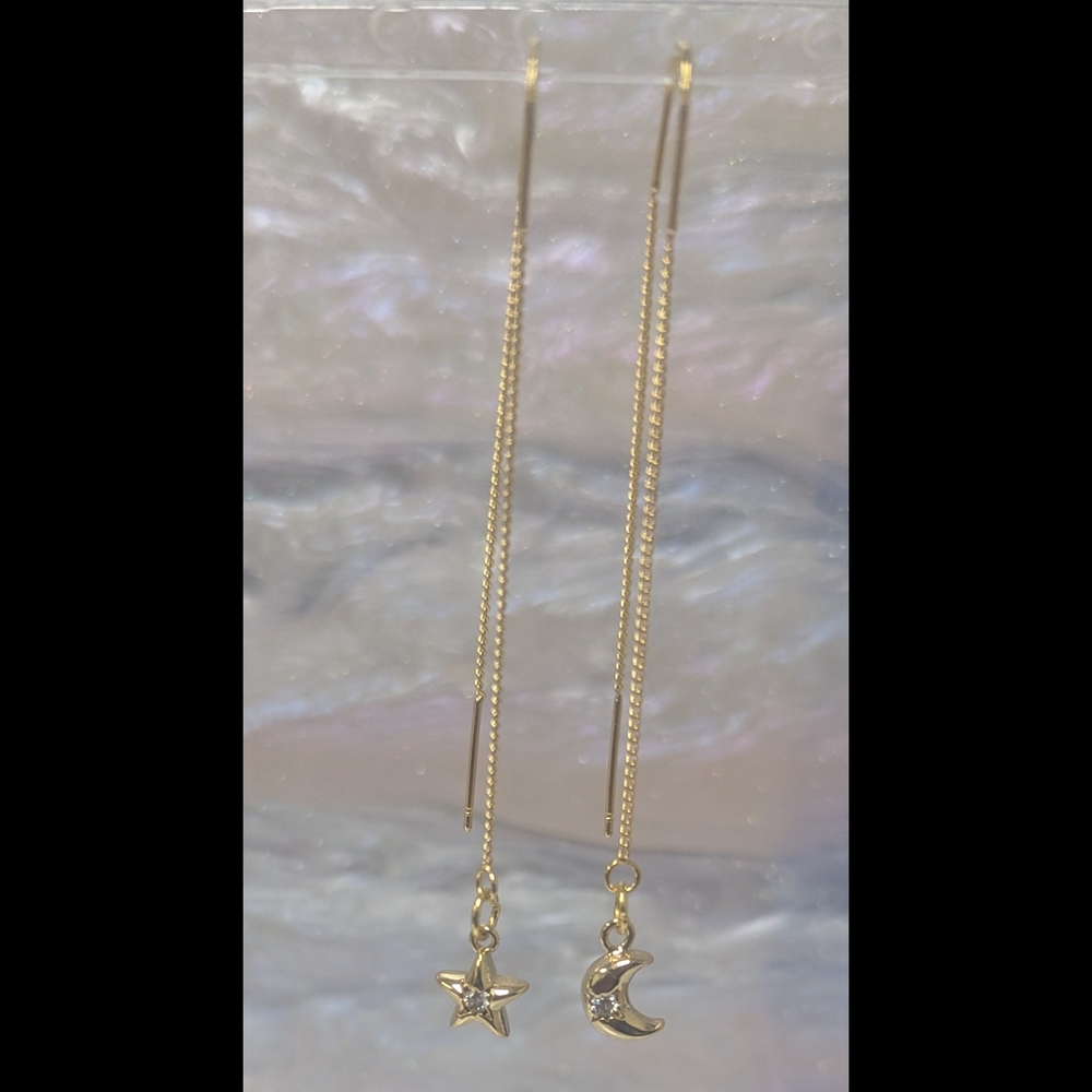 18k Gold Star and Moon Threader Earrings  Gold Plated Celestial Earrings - Picture 2 of 4
